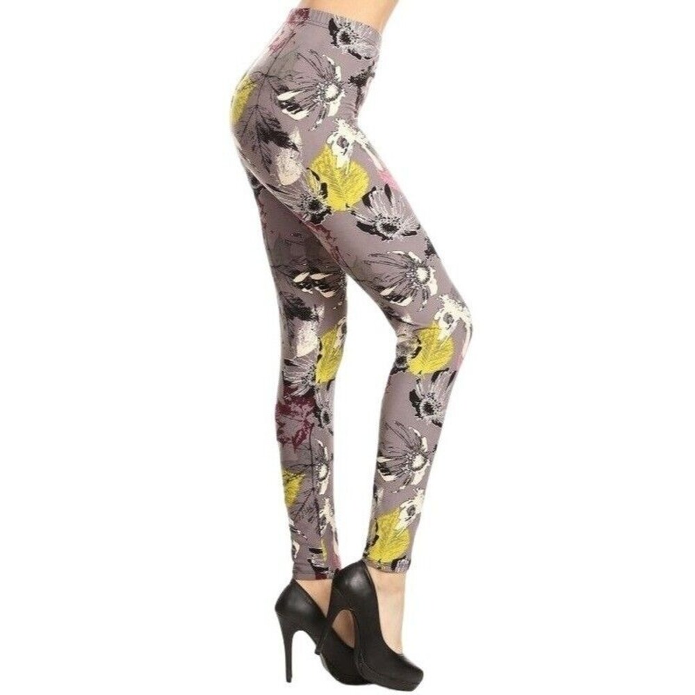 Reg One Size Womens Floral Multi-color Print, Full‎ Leggings With Banded High...
